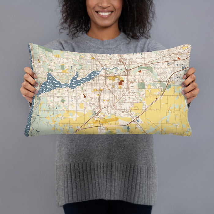 Person holding 20x12 Custom Holland Michigan Map Throw Pillow in Woodblock