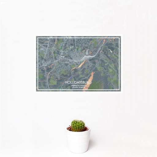 12x18 Hollidaysburg Pennsylvania Map Print Landscape Orientation in Afternoon Style With Small Cactus Plant in White Planter