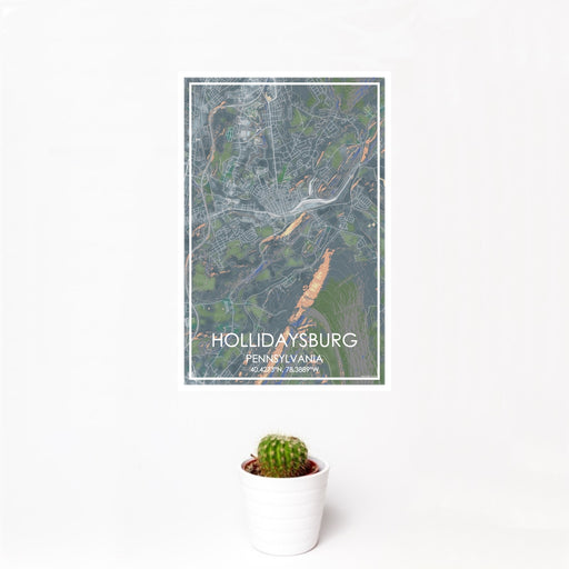 12x18 Hollidaysburg Pennsylvania Map Print Portrait Orientation in Afternoon Style With Small Cactus Plant in White Planter