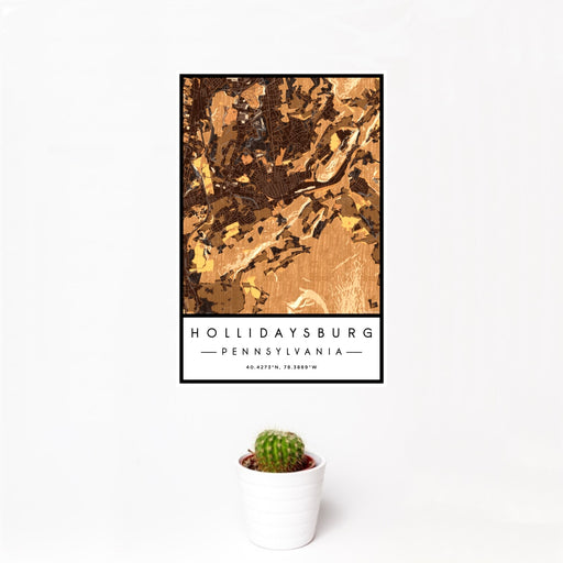 12x18 Hollidaysburg Pennsylvania Map Print Portrait Orientation in Ember Style With Small Cactus Plant in White Planter