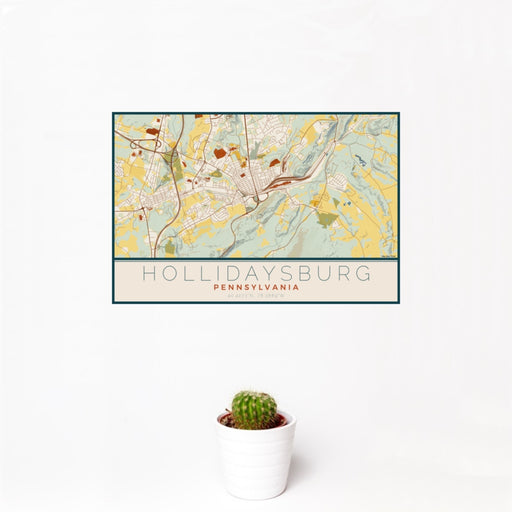 12x18 Hollidaysburg Pennsylvania Map Print Landscape Orientation in Woodblock Style With Small Cactus Plant in White Planter