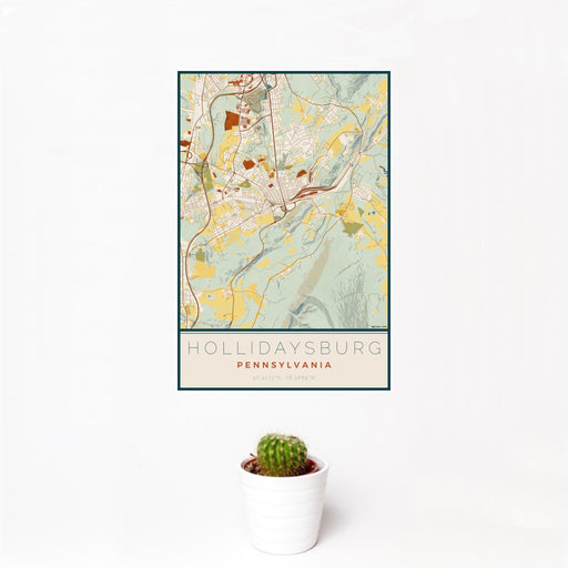 12x18 Hollidaysburg Pennsylvania Map Print Portrait Orientation in Woodblock Style With Small Cactus Plant in White Planter
