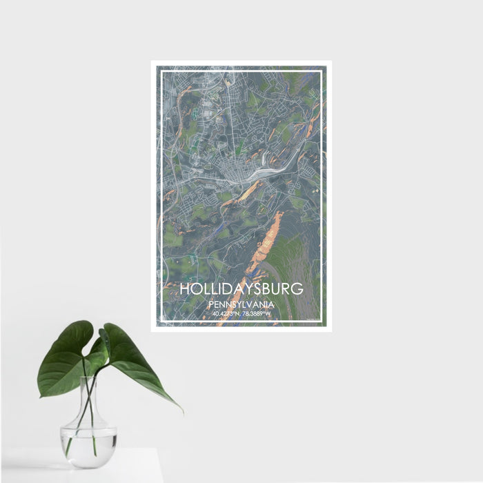 16x24 Hollidaysburg Pennsylvania Map Print Portrait Orientation in Afternoon Style With Tropical Plant Leaves in Water