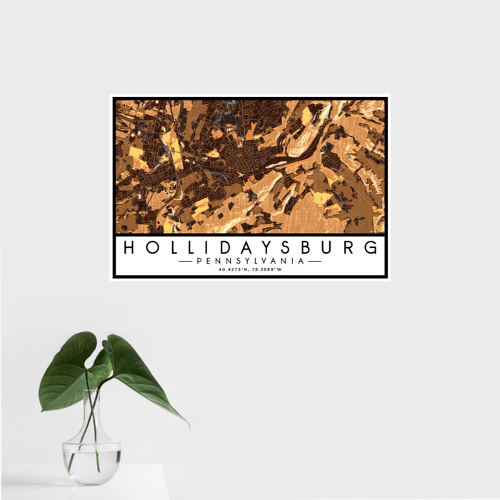 16x24 Hollidaysburg Pennsylvania Map Print Landscape Orientation in Ember Style With Tropical Plant Leaves in Water