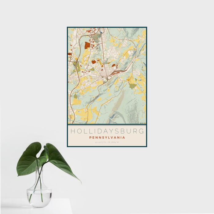 16x24 Hollidaysburg Pennsylvania Map Print Portrait Orientation in Woodblock Style With Tropical Plant Leaves in Water
