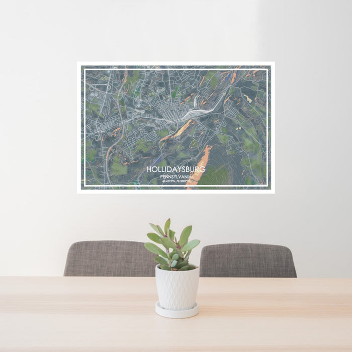 24x36 Hollidaysburg Pennsylvania Map Print Lanscape Orientation in Afternoon Style Behind 2 Chairs Table and Potted Plant