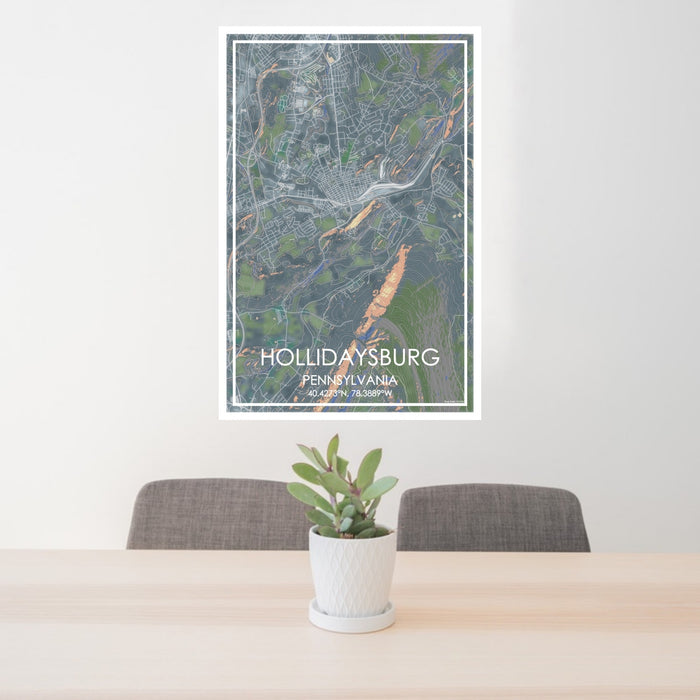 24x36 Hollidaysburg Pennsylvania Map Print Portrait Orientation in Afternoon Style Behind 2 Chairs Table and Potted Plant
