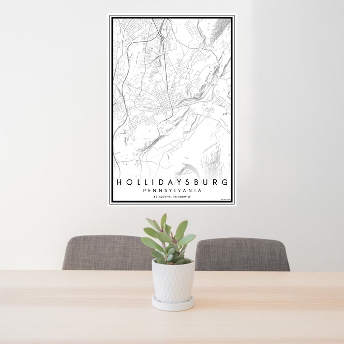 24x36 Hollidaysburg Pennsylvania Map Print Portrait Orientation in Classic Style Behind 2 Chairs Table and Potted Plant