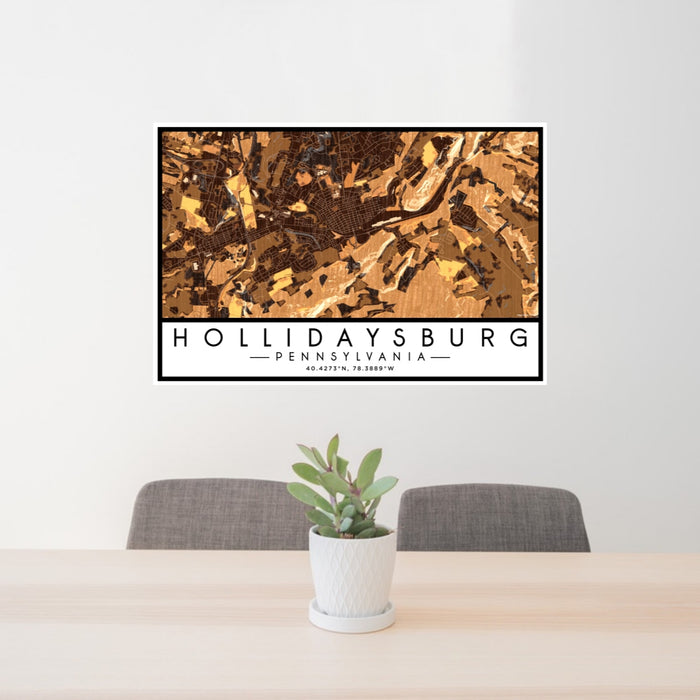 24x36 Hollidaysburg Pennsylvania Map Print Lanscape Orientation in Ember Style Behind 2 Chairs Table and Potted Plant