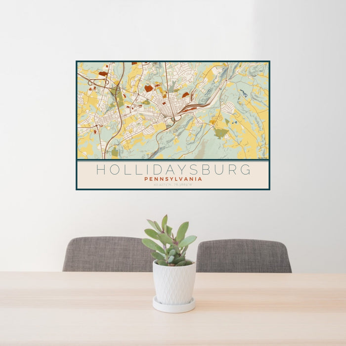 24x36 Hollidaysburg Pennsylvania Map Print Lanscape Orientation in Woodblock Style Behind 2 Chairs Table and Potted Plant