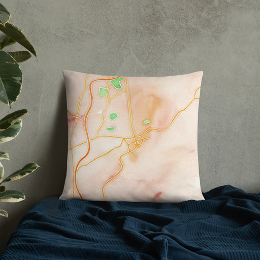 Custom Hollidaysburg Pennsylvania Map Throw Pillow in Watercolor on Bedding Against Wall