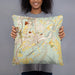Person holding 18x18 Custom Hollidaysburg Pennsylvania Map Throw Pillow in Woodblock
