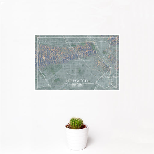 12x18 Hollywood California Map Print Landscape Orientation in Afternoon Style With Small Cactus Plant in White Planter