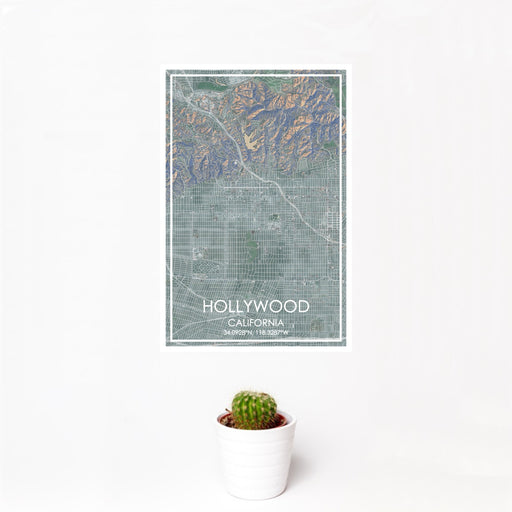 12x18 Hollywood California Map Print Portrait Orientation in Afternoon Style With Small Cactus Plant in White Planter