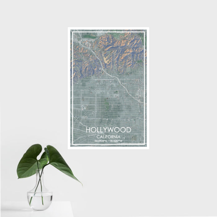 16x24 Hollywood California Map Print Portrait Orientation in Afternoon Style With Tropical Plant Leaves in Water