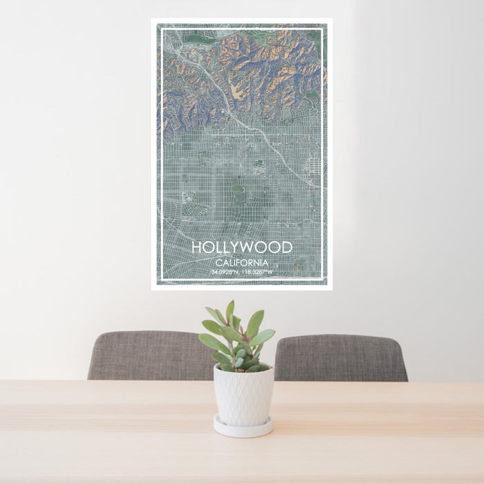 24x36 Hollywood California Map Print Portrait Orientation in Afternoon Style Behind 2 Chairs Table and Potted Plant