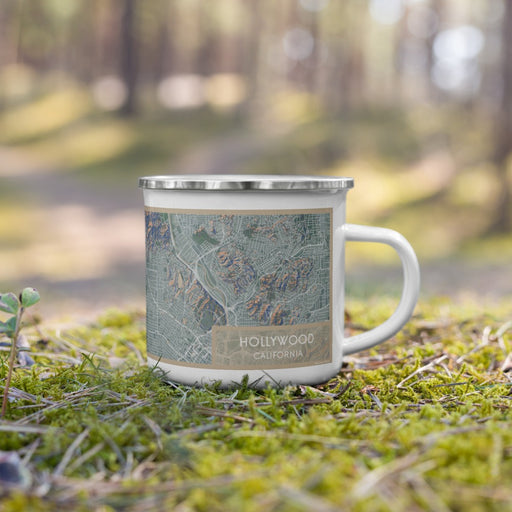 Right View Custom Hollywood California Map Enamel Mug in Afternoon on Grass With Trees in Background