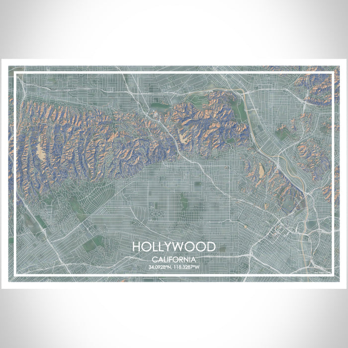 Hollywood California Map Print Landscape Orientation in Afternoon Style With Shaded Background