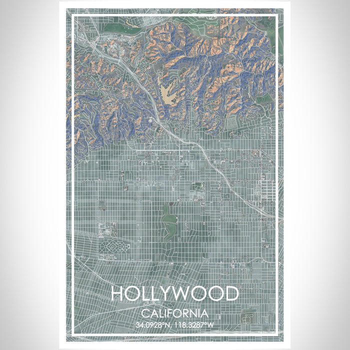 Hollywood California Map Print Portrait Orientation in Afternoon Style With Shaded Background