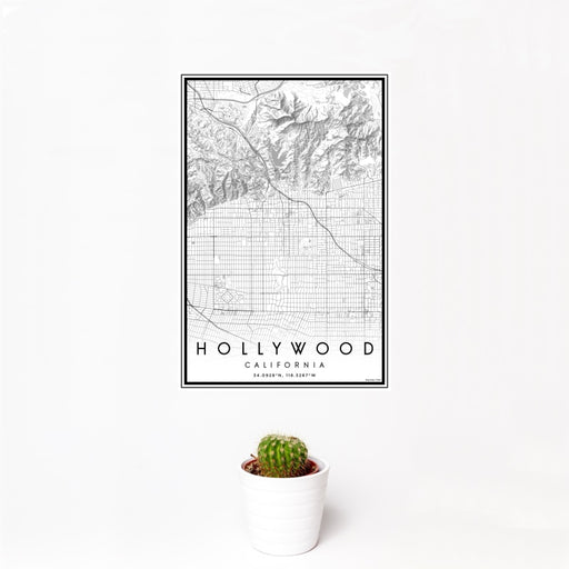 12x18 Hollywood California Map Print Portrait Orientation in Classic Style With Small Cactus Plant in White Planter