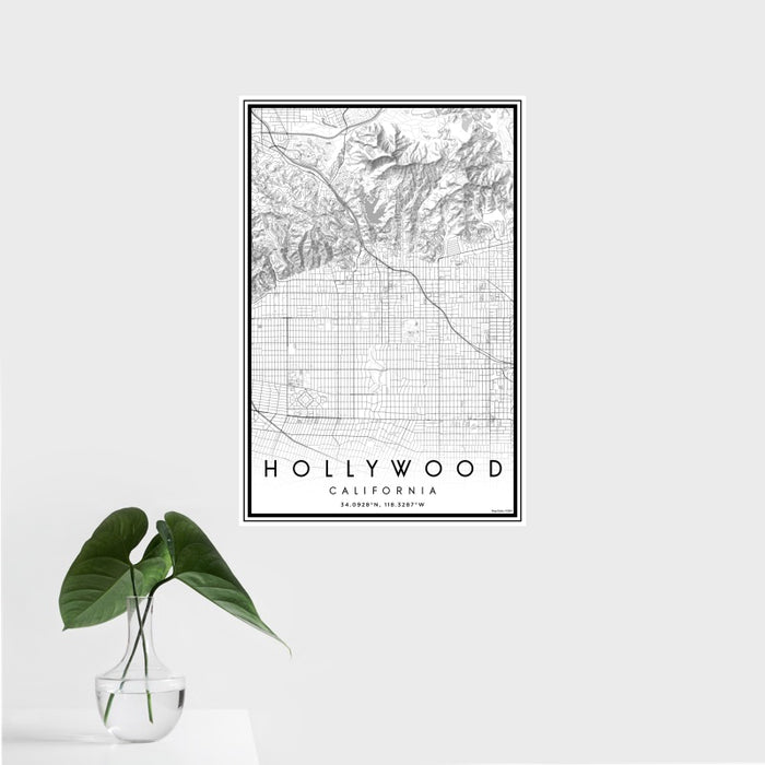 16x24 Hollywood California Map Print Portrait Orientation in Classic Style With Tropical Plant Leaves in Water