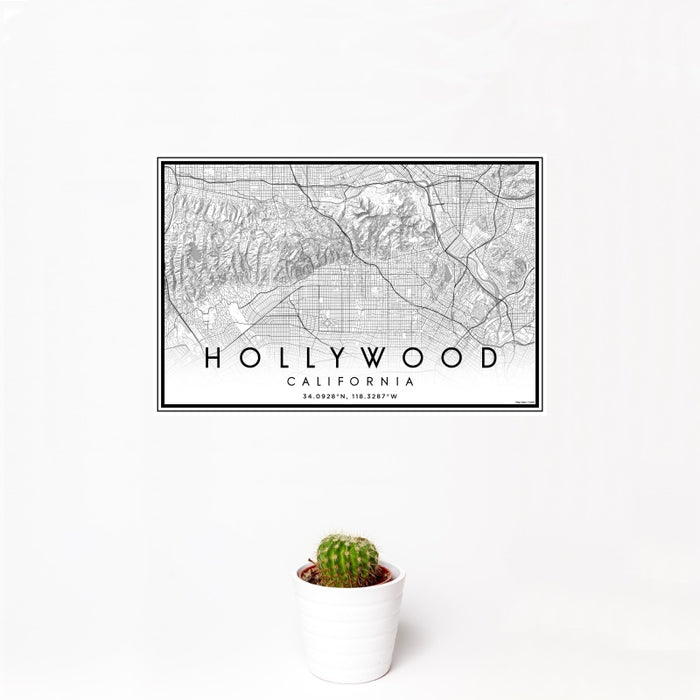 12x18 Hollywood California Map Print Landscape Orientation in Classic Style With Small Cactus Plant in White Planter