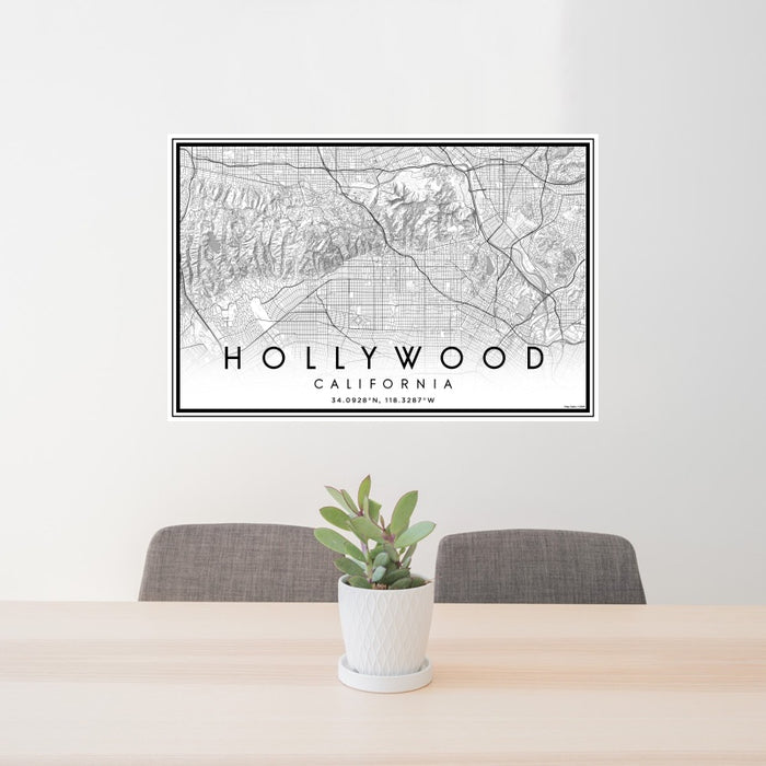 24x36 Hollywood California Map Print Landscape Orientation in Classic Style Behind 2 Chairs Table and Potted Plant