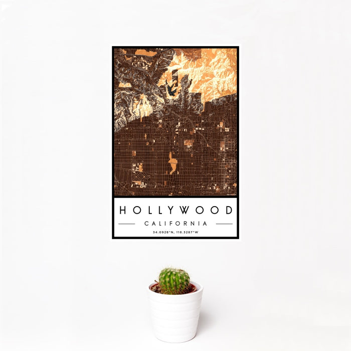 12x18 Hollywood California Map Print Portrait Orientation in Ember Style With Small Cactus Plant in White Planter