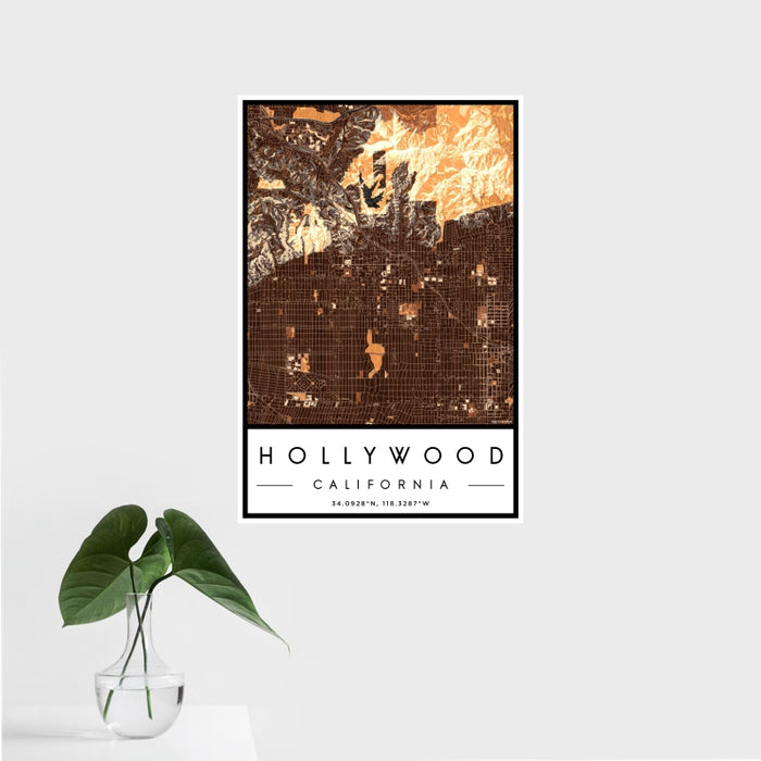16x24 Hollywood California Map Print Portrait Orientation in Ember Style With Tropical Plant Leaves in Water