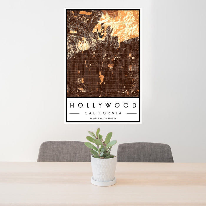 24x36 Hollywood California Map Print Portrait Orientation in Ember Style Behind 2 Chairs Table and Potted Plant