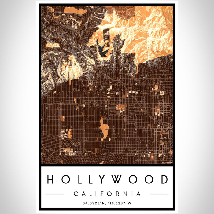 Hollywood California Map Print Portrait Orientation in Ember Style With Shaded Background