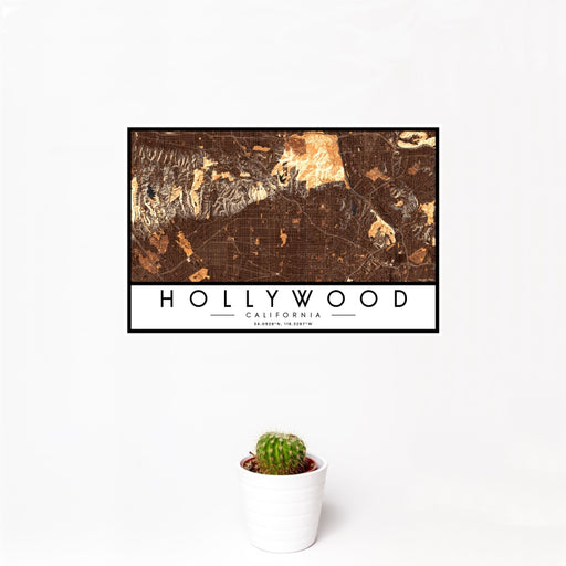 12x18 Hollywood California Map Print Landscape Orientation in Ember Style With Small Cactus Plant in White Planter