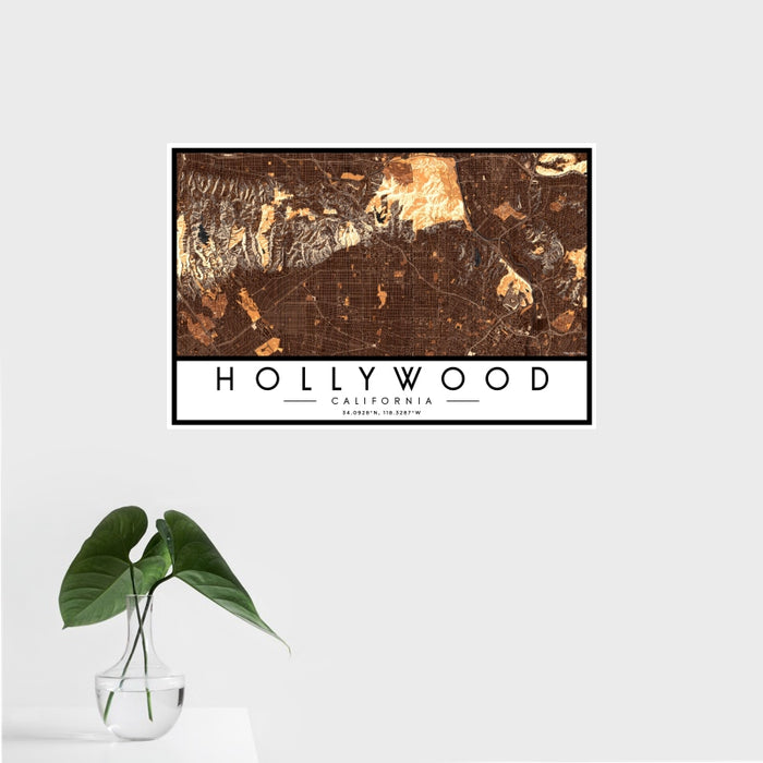 16x24 Hollywood California Map Print Landscape Orientation in Ember Style With Tropical Plant Leaves in Water