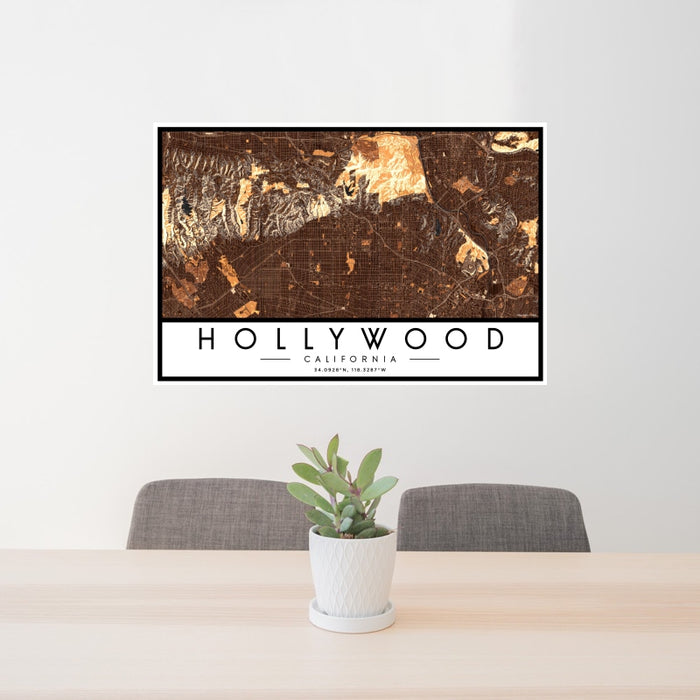 24x36 Hollywood California Map Print Landscape Orientation in Ember Style Behind 2 Chairs Table and Potted Plant