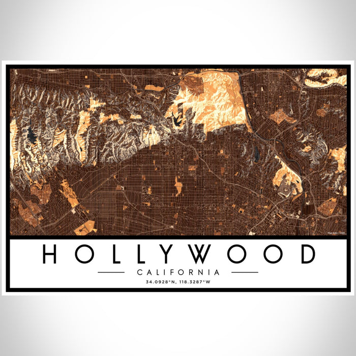 Hollywood California Map Print Landscape Orientation in Ember Style With Shaded Background