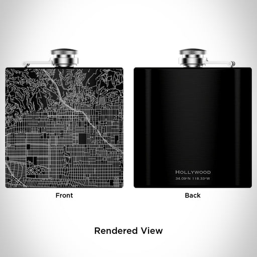 Rendered View of Hollywood California Map Engraving on 6oz Stainless Steel Flask in Black