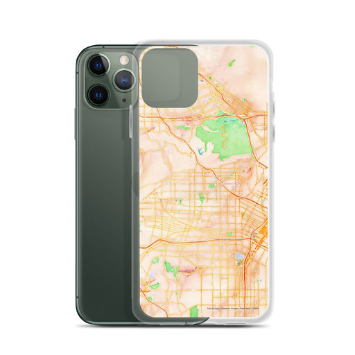 Custom Hollywood California Map Phone Case in Watercolor on Table with Laptop and Plant