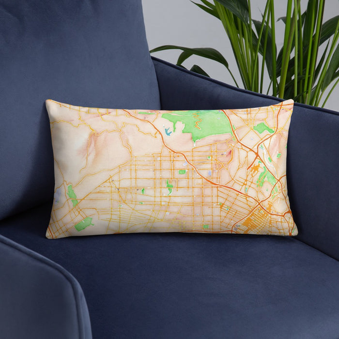 Custom Hollywood California Map Throw Pillow in Watercolor on Blue Colored Chair