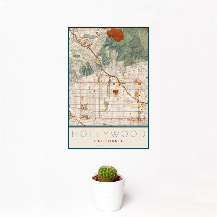 12x18 Hollywood California Map Print Portrait Orientation in Woodblock Style With Small Cactus Plant in White Planter