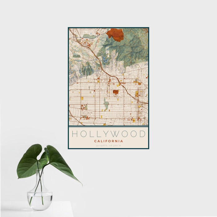 16x24 Hollywood California Map Print Portrait Orientation in Woodblock Style With Tropical Plant Leaves in Water