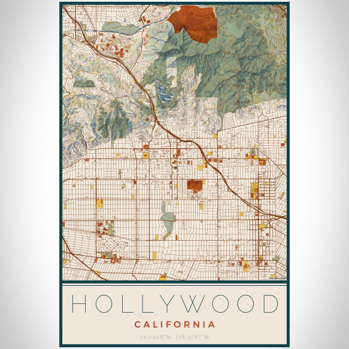 Hollywood California Map Print Portrait Orientation in Woodblock Style With Shaded Background