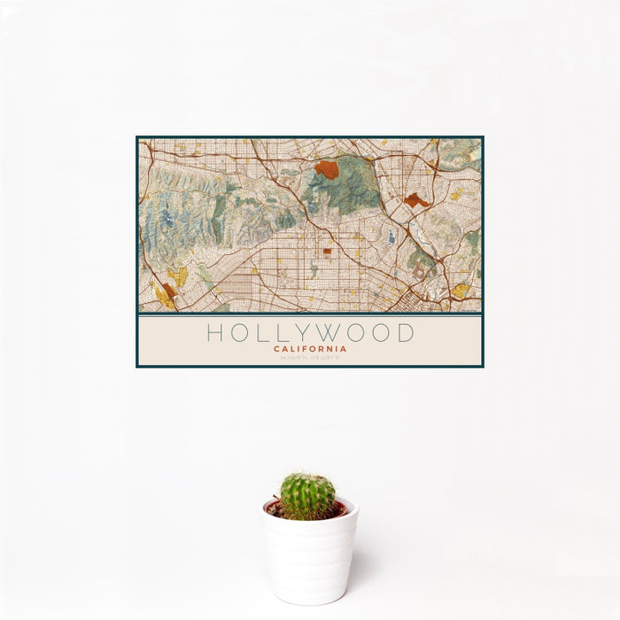 12x18 Hollywood California Map Print Landscape Orientation in Woodblock Style With Small Cactus Plant in White Planter