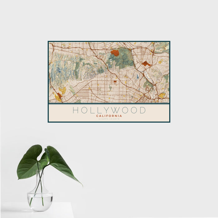 16x24 Hollywood California Map Print Landscape Orientation in Woodblock Style With Tropical Plant Leaves in Water