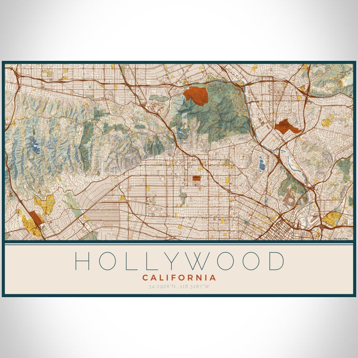 Hollywood California Map Print Landscape Orientation in Woodblock Style With Shaded Background