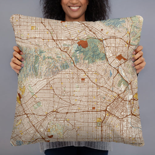 Person holding 22x22 Custom Hollywood California Map Throw Pillow in Woodblock