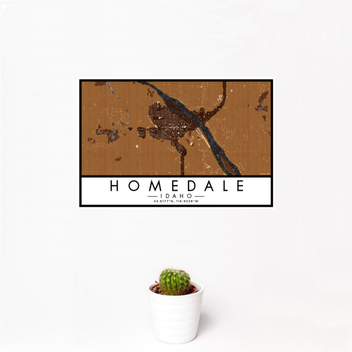 12x18 Homedale Idaho Map Print Landscape Orientation in Ember Style With Small Cactus Plant in White Planter
