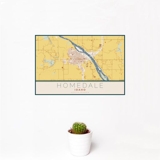 12x18 Homedale Idaho Map Print Landscape Orientation in Woodblock Style With Small Cactus Plant in White Planter
