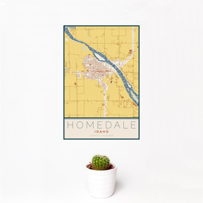 12x18 Homedale Idaho Map Print Portrait Orientation in Woodblock Style With Small Cactus Plant in White Planter