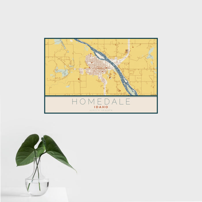 16x24 Homedale Idaho Map Print Landscape Orientation in Woodblock Style With Tropical Plant Leaves in Water