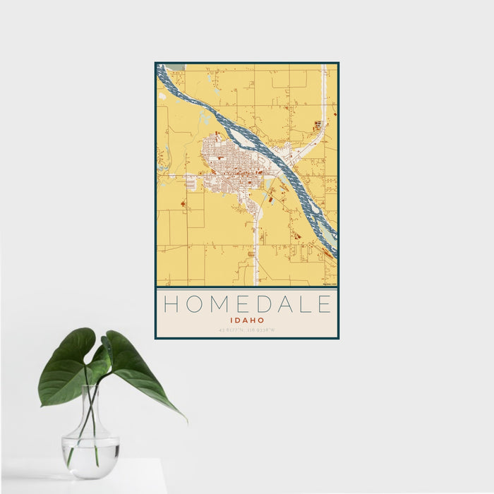 16x24 Homedale Idaho Map Print Portrait Orientation in Woodblock Style With Tropical Plant Leaves in Water